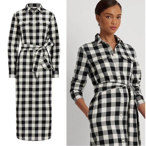 POLO RALPH LAUREN Buffalo Check Belted Twill Midi Shirtdress | 4 - Picture 1 of 11